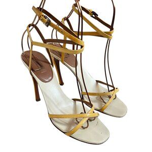 Alaia Paris high heel sandals yellow white patent leather 37.5 7.5 stiletto
